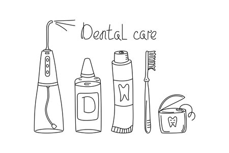 Dental care. Oral cleaning tools. Dental care supplies, irrigator, toothpaste, toothbrush, toothbrush, tooth protection. Hand lettering. Hygiene concepts, health. Dental kit, doodle illustration.のイラスト素材