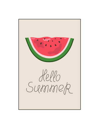 Watermelon, slice of cartoon fruit. Poster, handwritten font. Hello summer, phrase, slogan. Illustration for banner design, menu, cafe, recipes, restaurant. Tag, sticker.のイラスト素材