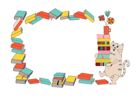 Cartoon cat with books. A stack of books, a mug with a bouquet of flowers. Banner, frame with space for text. Love of reading, literature and learning. Work in the library. Knowledge Day.のイラスト素材