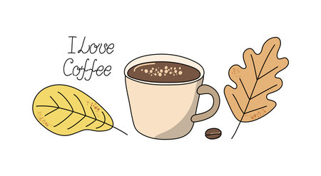 Cup of coffee. Phrase I love coffee. Hand lettering, autumn leaves. Coffee bean. Set of linear icons. International coffee day. Drawing, doodle. Isolated background.のイラスト素材