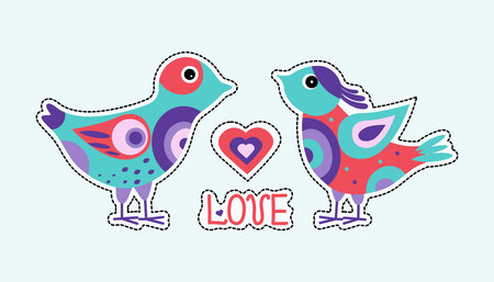 Bright, colorful birds with hearts, inscription Love. Sticker. Hand lettering. Valentine's card. A pair of cute abstract birds. Vector illustration, isolated color background.のイラスト素材