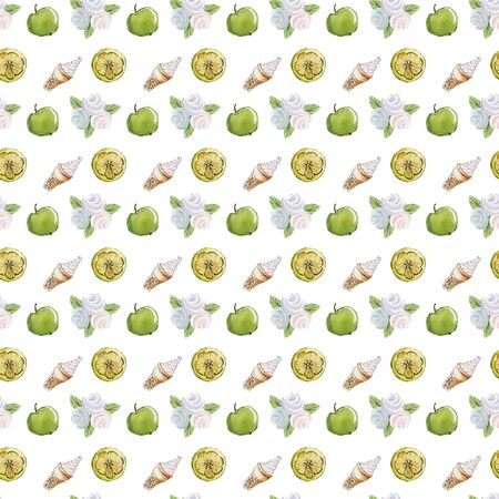 Seamless pattern, watercolor, vanilla flowers, marshmallows, ice cream floral ornament, fruits for texitil, scrap paper, website backgroundの写真素材