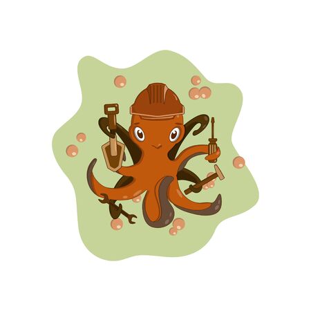 Orange octopus - a builder in a helmet on a pistachio background with orange bubbles. In the tentacles of an octopus, a shovel, a hammer, a screwdriver, a wrenchのイラスト素材