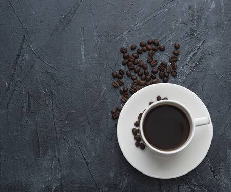 fresh espresso on white cup gray concrete pure background blank textの写真素材