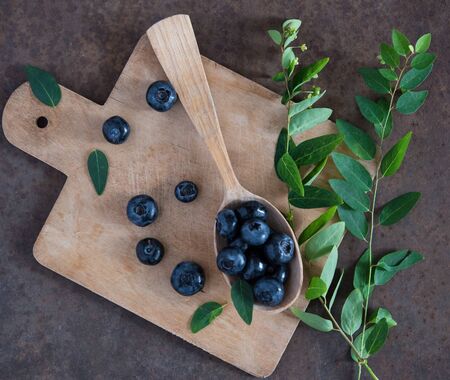 fresh sweet blueberry  on the wooden spoon rustic village summer berry macro close upの写真素材