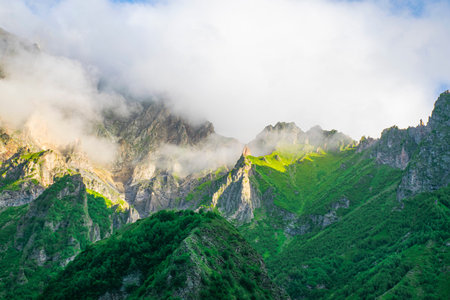 beautiful landscape of summer mountain valley in Georgia. Blue sky