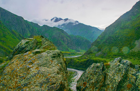 beautiful landscape of mountain river in valley in Georgia summer day