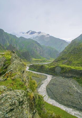 beautiful landscape of mountain river in valley in Georgia summer dayの写真素材