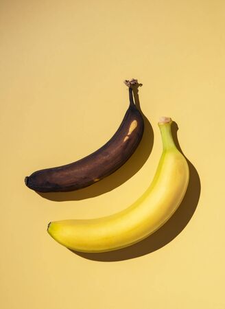 two bananas, fresh and ugly, on a yellow background with a hard shadow. Concept photo. Top view and copy spaceの写真素材