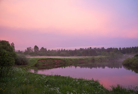 beautiful summer pink sunset on the river