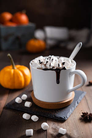 hot pumpkin latte with marshmallow and chocolate in a white mug on a wooden table. Macro and close up view. Dark photoの写真素材