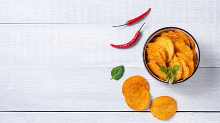 Mexican  chips nachos in black bowl with basil and chili pepper  on white  wood background. Top view and copy spaceの写真素材