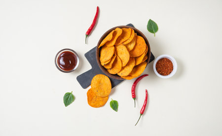 Mexican  nachos  with chili pepper,  spice and barbecue dip on yellow background. Top view and copy spaceの写真素材