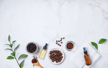 Flat lay with natural ingredients for home body coffee scrub oil.  Body skin care. Top  view and copy spaceの写真素材