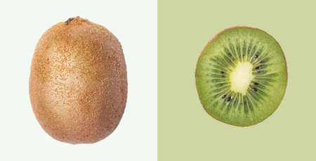Concept layout made from fresh sliced kiwi on green background and kiwi fruit isolated. Top view and macro.の写真素材