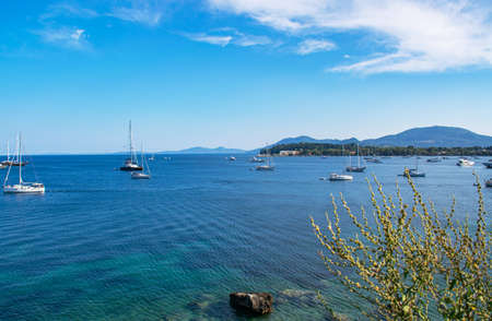 Summer panoramic seascape. View of the coast of Corfu with yachts. The Ionian Archipelago. Greece. Europeの写真素材