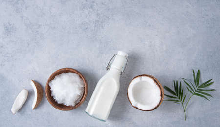 Healthy flat lay concept. Vegan milk bottles,coconut oil,  coconut slices and palm branch on blue background. Top  view and copy space imageの写真素材