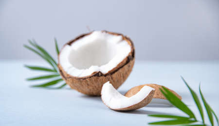 fresh coconut and slices with palm branch  on blue background. Healthy and vegan food. Macro and close up  imageの写真素材