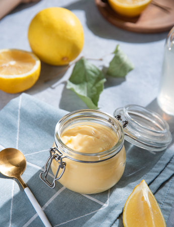 Delicious homemade lemon curd  in a glass jar with lemon slices  on a blue background. Concept...