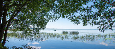 Beautiful summer landscape on the lake with  trees and reflection. The concept of domestic tourism. Bannerの写真素材