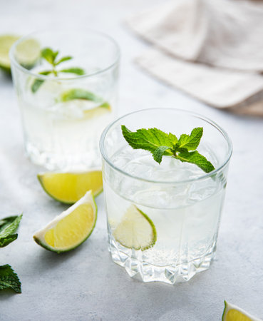 two glasses of lime lemonade mojito with lime slices and mint on white background . Close up imageの写真素材