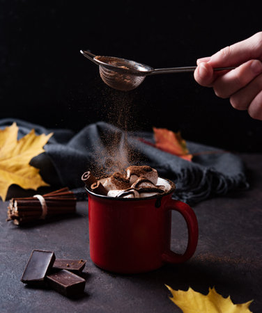 a hand pours cocoa into a red cup with hot chocolate with marshmallow and cinnamon on a dark brown...