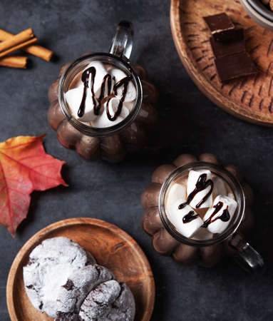 Two cups of aroma hot chocolate with marshmallows on a dark background with autumn maple leaves and cookies. Concept cozy drink. Top view.の写真素材