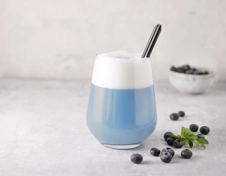 Blue matcha latte in a glass on a gray concrete background with fresh blueberries. The concept of vegan drink, superfood and healthy food. Front view and copy space.の写真素材