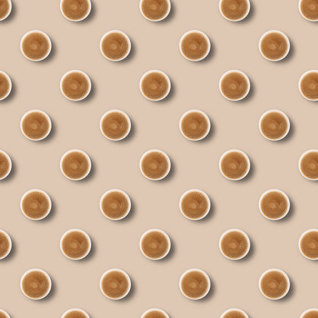 Seamless pattern with black aromatic coffee in a paper craft cup on a brown background. Top view. The concept of eco and zero waste. Eco-friendly use.の写真素材