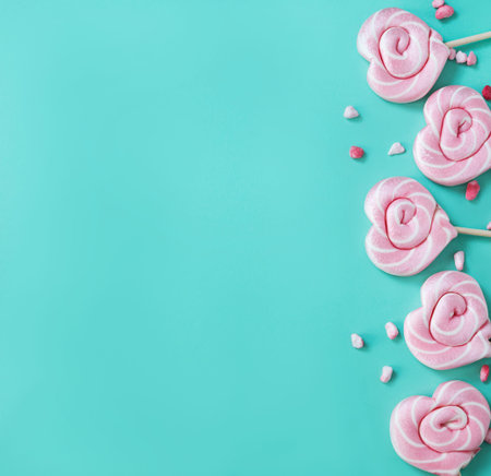 Pink lollipops in the shape of hearts with color sugar on a green background. Top view and copy...