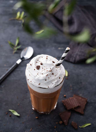 Hot chocolate with whipped cream and chocolate pieces in a tall glass on a dark background with a branch. Top view.の写真素材