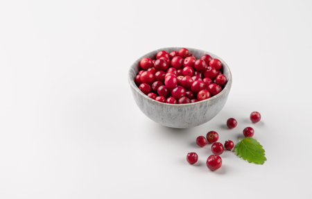 Juicy forest lingonberry in a  bowl on a white isolated background. Fresh red cowberry.  Healthy...