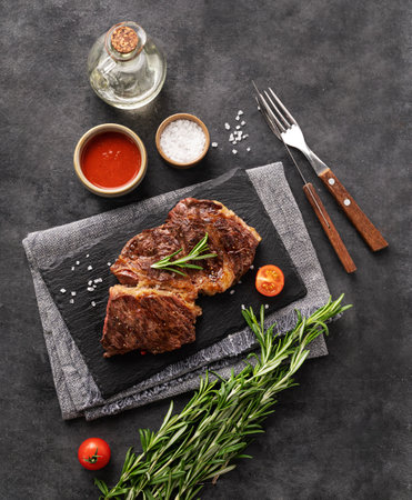 BBQ  beef steak grill with sauce, oil, salt and rosemary on black slate on dark  background. Top view and copy space.の写真素材