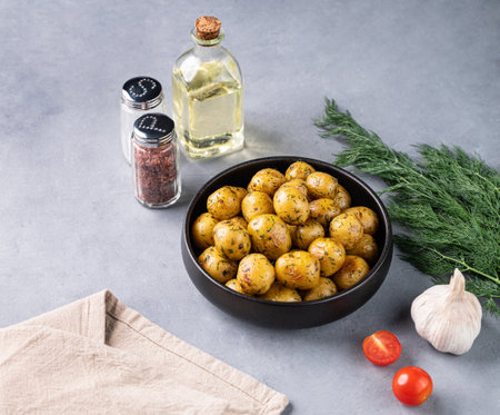 Young roasted baby potatoes in a black  pan with tomatoes, oil, garlic and herb on a blue background. Copy space.の写真素材