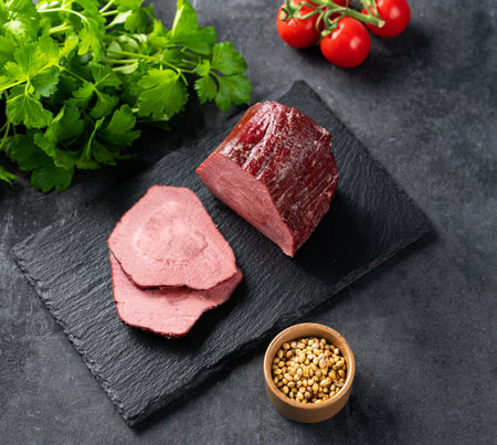 Juicy baked roast beef on a slate board with tomatoes and fresh herbs on a dark  background. Top viewの写真素材