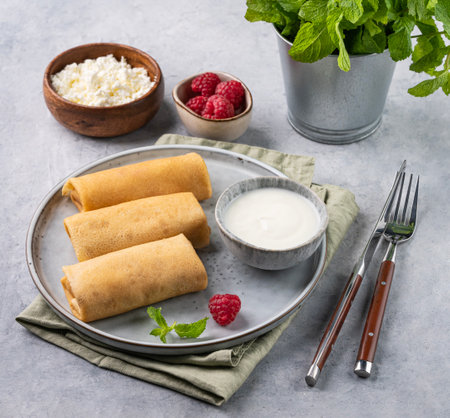 Homemade crepes with raspberry and sour cream on a plate on a light background with mint. Healthy food concept.の写真素材