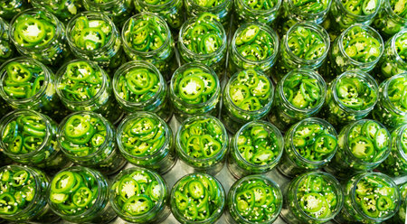 Background with fresh jalapeno peppers in jars. Preparation for conservation. Homemade canned vegetables. Healthy fermented food. Top view.の写真素材