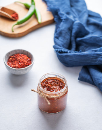 Hot sauce adjika. Homemade appetizer with pepper and tomatoes in a jar on light background. The concept of Caucasian and Georgian food.の写真素材