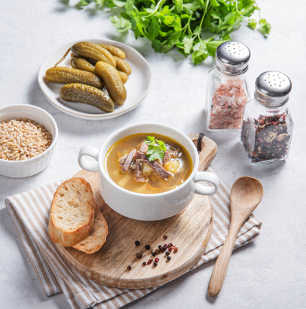 Pickle soup with pearl barley, pickles and meat in a bowl on a wooden board with bread and fresh herbs. The concept of homemade dietary and healthy food.の写真素材