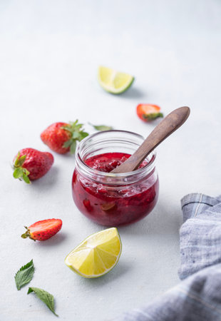 Strawberry jam in a jar on a light background with fresh berries. The concept of homemade delicious and healthy canned food. Free space for text.の写真素材