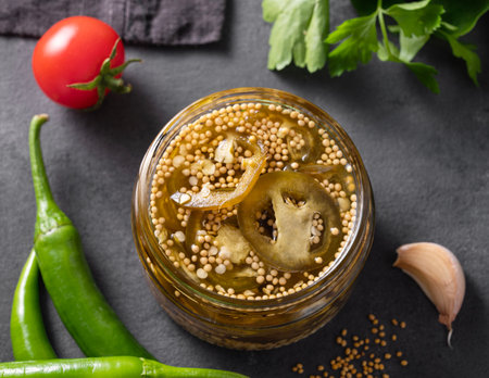 Pickled jalapeno hot pepper in a jar on a dark background with fresh vegetables and herbs. The concept of a healthy and delicious homemade snack. Top view.の写真素材