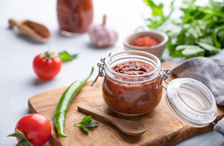 Homemade tomato sauce for pizza or pasta in a jar on a light background with fresh vegetables and herbs close up. The concept of classic Italian cuisine.の写真素材