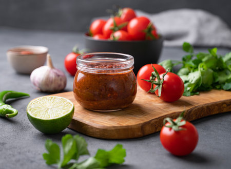Tomato paste of hot pepper marinara with garlic, tomatoes and herbs in jars on a wooden board on a dark background. Traditional homemade food.の写真素材