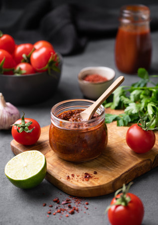 Spicy tomato sauce with red pepper, garlic and herbs on a dark background. The concept of traditional Italian cuisine. Homemade food.の写真素材