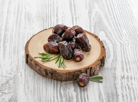 Dry fruits dates in a wooden board  on a white wooden background. Rustic style. The concept of...