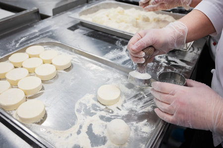 A woman makes cheesecakes by hand in production. Factory for the production of food. Handmade work.の写真素材