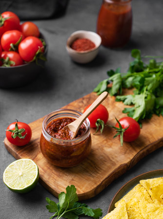 Sauce paste harissa with pepper and tomato in a jar on a dark background with fresh vegetables and herb. Adjika. Traditional italian, Georgian and Arabic cuisine. Homemade food.の写真素材
