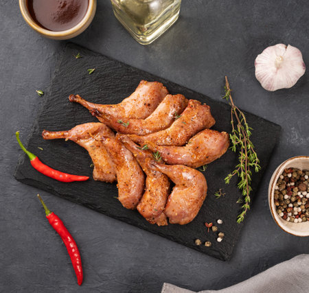 Delicacies. Grilled BBQ quail legs in marinade and spices on black slate with fresh herbs and sauce on a dark background. Healthy diet food. Top view.の写真素材