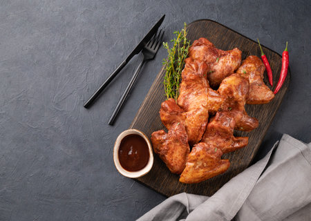 Spicy grilled chicken wings BBQ with sauce on a wooden plate with tomato and herb on a dark background of slate or concrete. Top view and copy space.の写真素材
