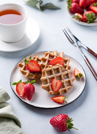 Homemade soft waffles with fresh strawberries and powdered sugar in a plate on a light background with a cup of tea. Traditional Belgian waffles. Healthy vegetarian breakfast.の写真素材